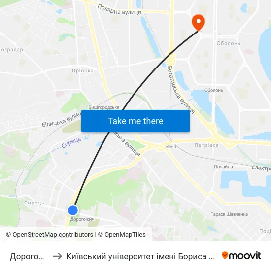 Дорогожичі to Київський університет імені Бориса Грінченка map