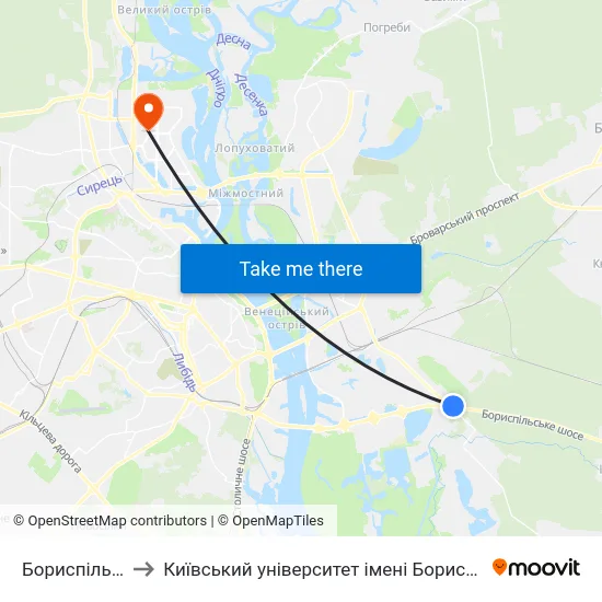 Бориспільська to Київський університет імені Бориса Грінченка map