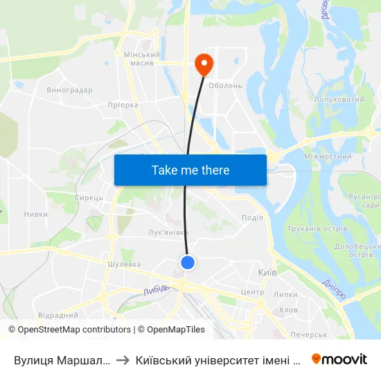 Вулиця Маршала Рибалка to Київський університет імені Бориса Грінченка map