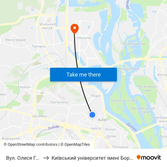 Вул. Олеся Гончара to Київський університет імені Бориса Грінченка map