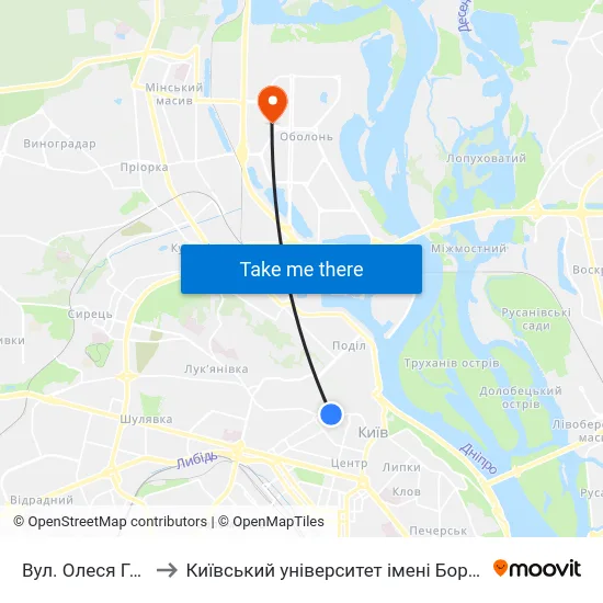 Вул. Олеся Гончара to Київський університет імені Бориса Грінченка map