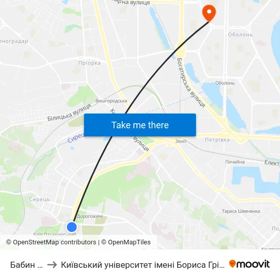 Бабин Яр to Київський університет імені Бориса Грінченка map