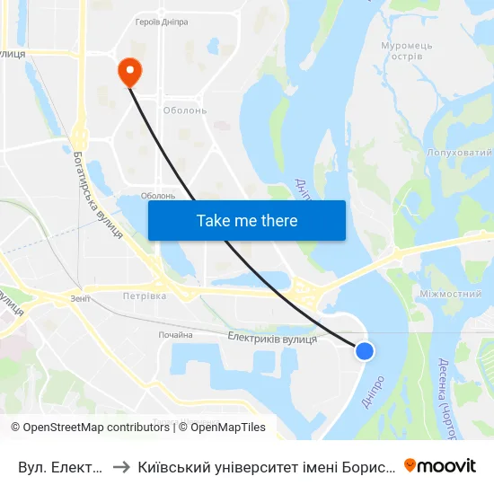 Вул. Електриків to Київський університет імені Бориса Грінченка map