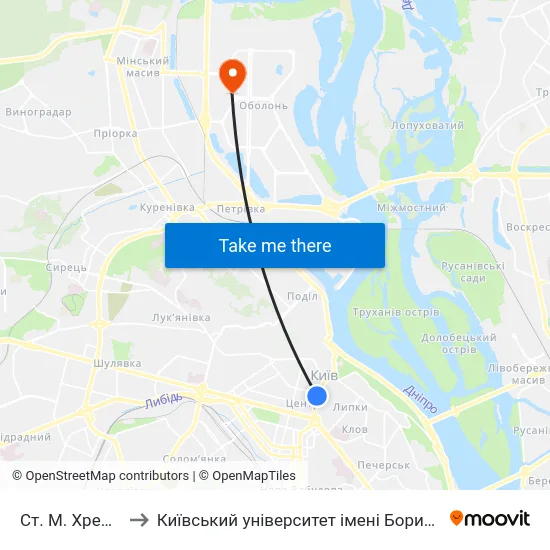 Ст. М. Хрещатик to Київський університет імені Бориса Грінченка map