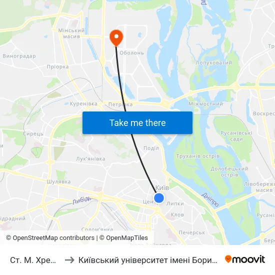 Ст. М. Хрещатик to Київський університет імені Бориса Грінченка map
