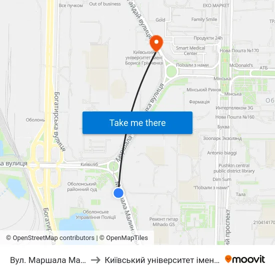 Вул. Маршала Малиновського to Київський університет імені Бориса Грінченка map