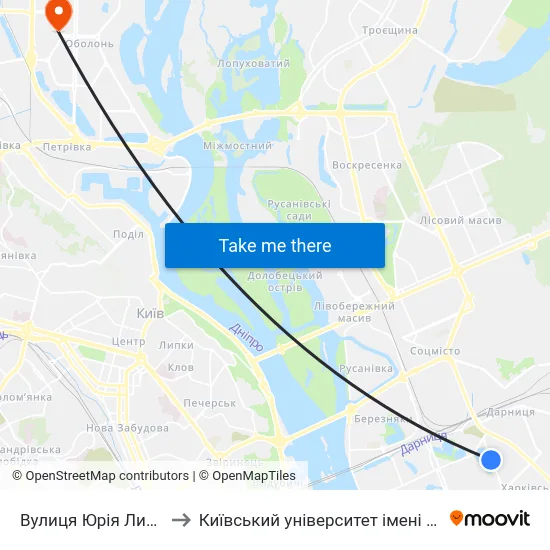 Вулиця Юрія Литвинського to Київський університет імені Бориса Грінченка map