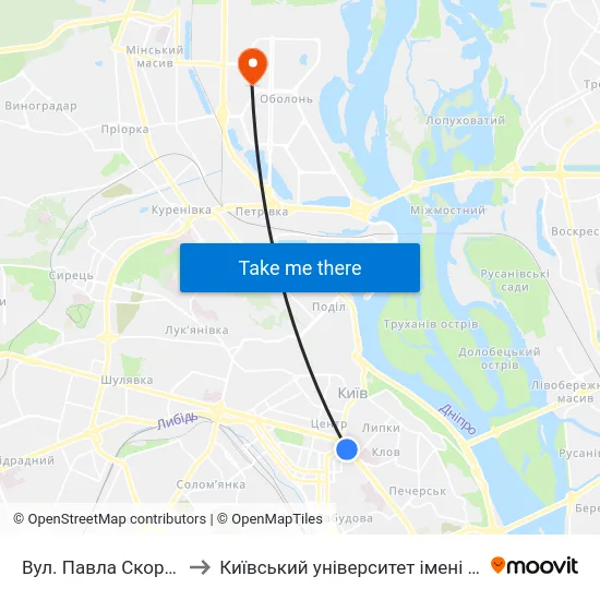 Вул. Павла Скоропадського to Київський університет імені Бориса Грінченка map