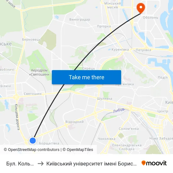 Бул. Кольцова to Київський університет імені Бориса Грінченка map