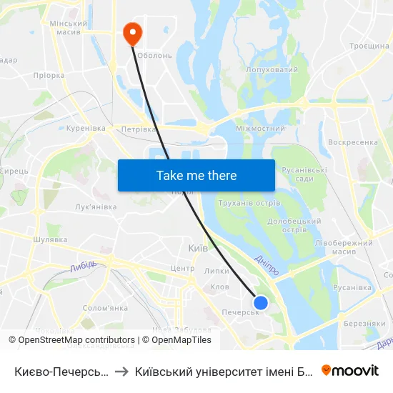 Києво-Печерська Лавра to Київський університет імені Бориса Грінченка map