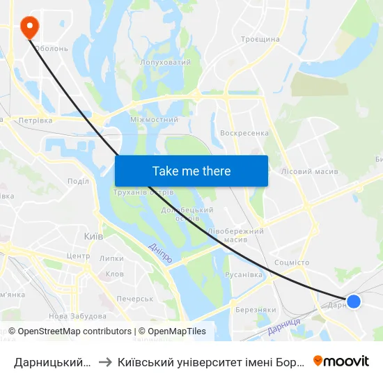Дарницький Ринок to Київський університет імені Бориса Грінченка map