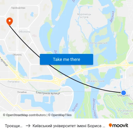 Троєщина-2 to Київський університет імені Бориса Грінченка map