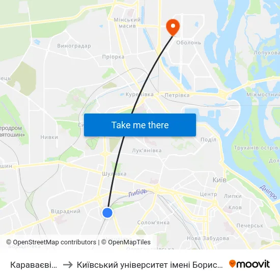 Караваєві Дачі to Київський університет імені Бориса Грінченка map