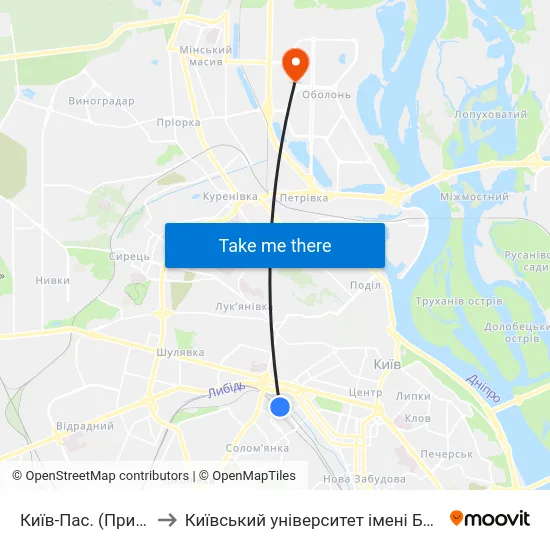 Київ-Пас. (Приміський) to Київський університет імені Бориса Грінченка map