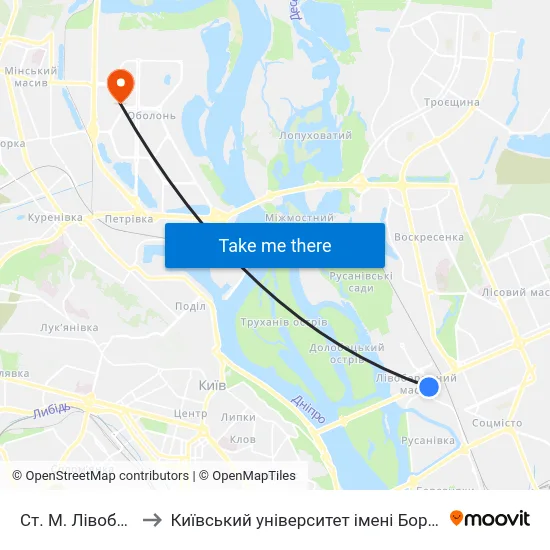 Ст. М. Лівобережна to Київський університет імені Бориса Грінченка map