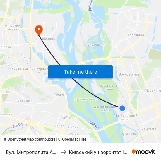 Вул. Митрополита Андрея Шептицького to Київський університет імені Бориса Грінченка map