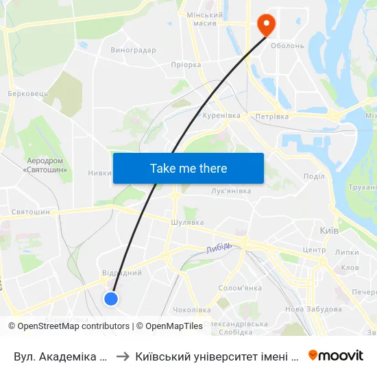 Вул. Академіка Білецького to Київський університет імені Бориса Грінченка map