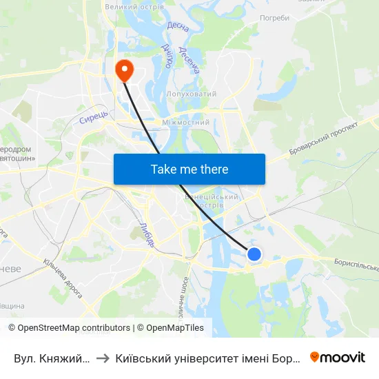 Вул. Княжий Затон to Київський університет імені Бориса Грінченка map