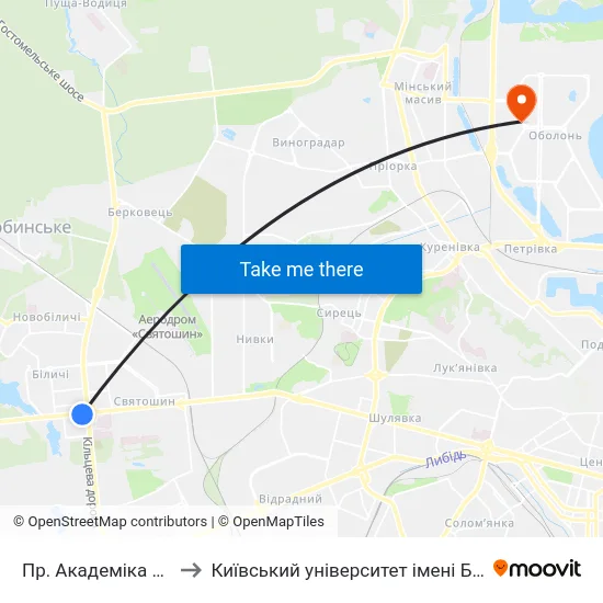 Пр. Академіка Палладіна to Київський університет імені Бориса Грінченка map