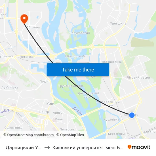 Дарницький Універмаг to Київський університет імені Бориса Грінченка map