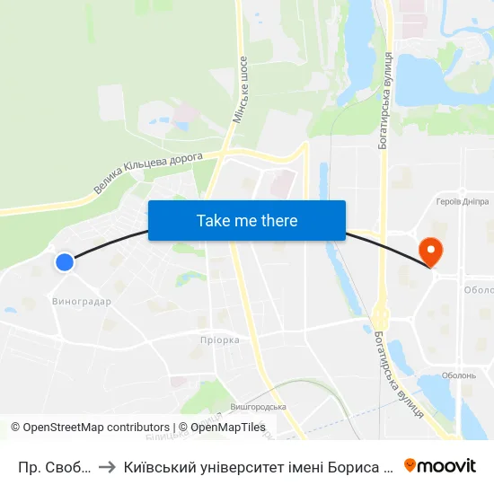 Пр. Свободи to Київський університет імені Бориса Грінченка map