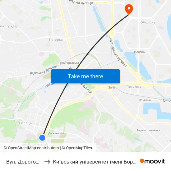 Вул. Дорогожицька to Київський університет імені Бориса Грінченка map