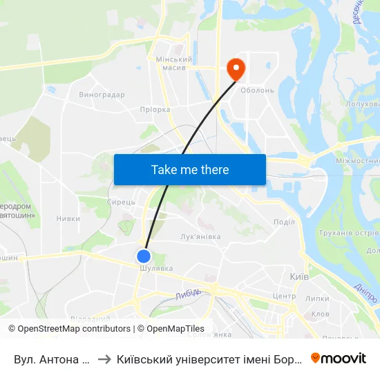 Вул. Антона Цедіка to Київський університет імені Бориса Грінченка map
