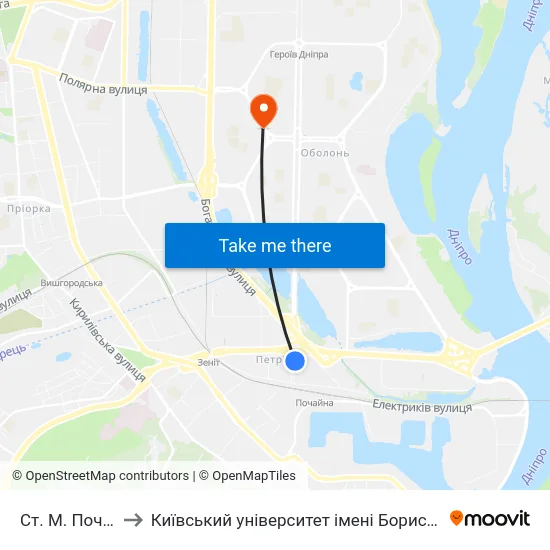 Ст. М. Почайна to Київський університет імені Бориса Грінченка map