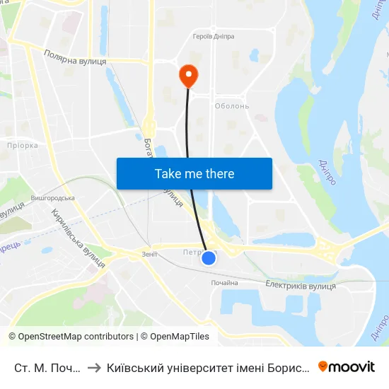 Ст. М. Почайна to Київський університет імені Бориса Грінченка map