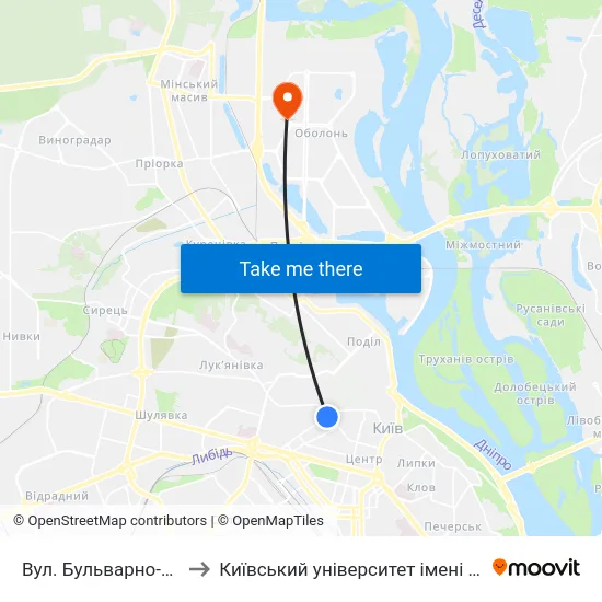 Вул. Бульварно-Кудрявська to Київський університет імені Бориса Грінченка map