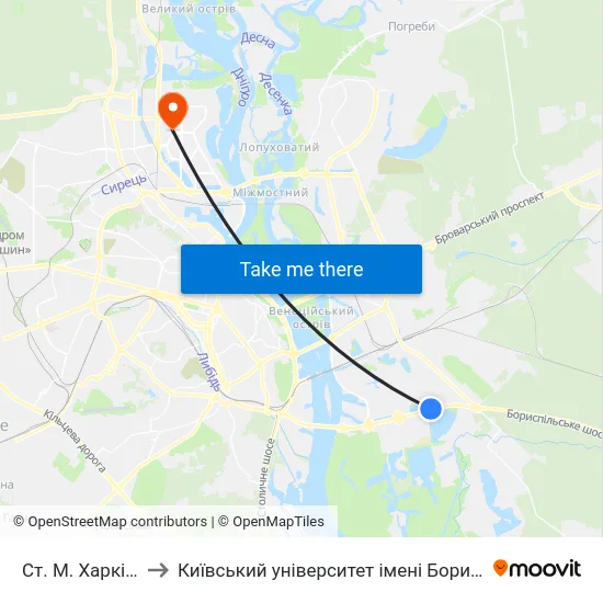Ст. М. Харківська to Київський університет імені Бориса Грінченка map