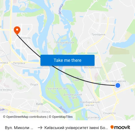 Вул. Миколи Матеюка to Київський університет імені Бориса Грінченка map