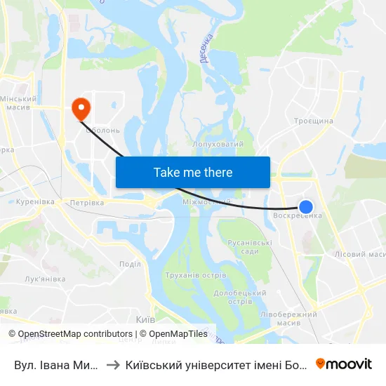 Вул. Івана Микитенка to Київський університет імені Бориса Грінченка map