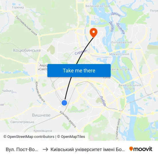 Вул. Пост-Волинська to Київський університет імені Бориса Грінченка map