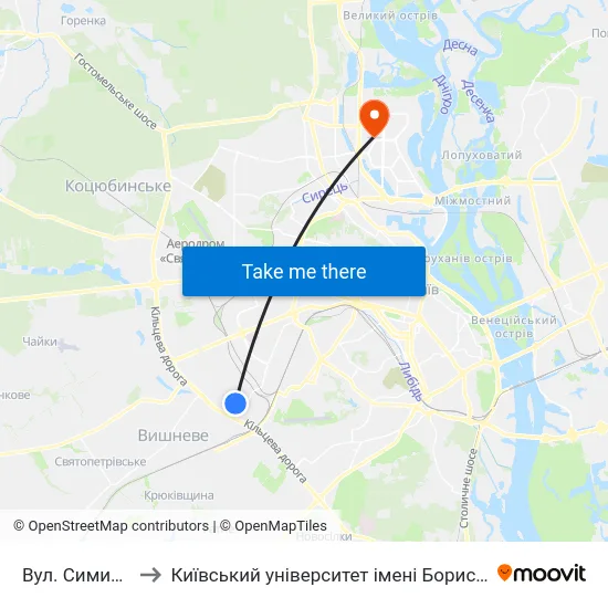 Вул. Симиренка to Київський університет імені Бориса Грінченка map