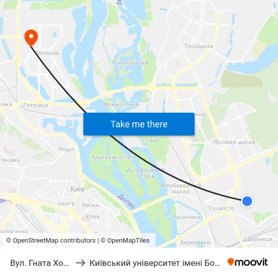 Вул. Гната Хоткевича to Київський університет імені Бориса Грінченка map