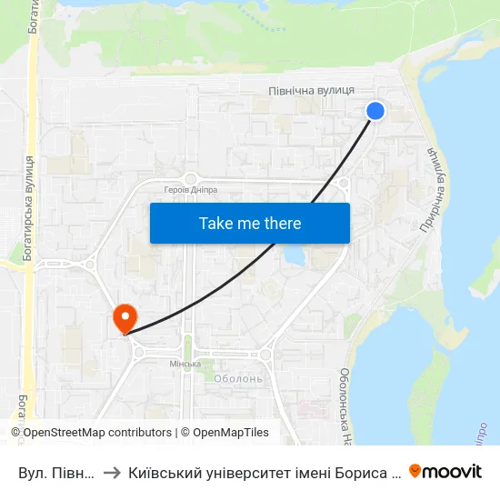 Вул. Північна to Київський університет імені Бориса Грінченка map