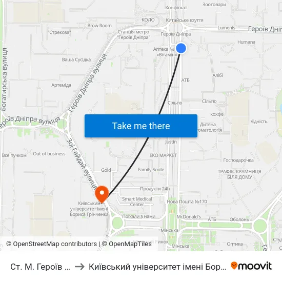 Ст. М. Героїв Дніпра to Київський університет імені Бориса Грінченка map