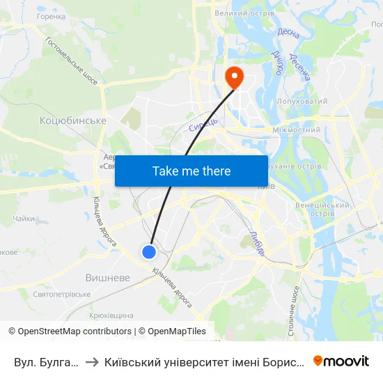 Вул. Булгакова to Київський університет імені Бориса Грінченка map