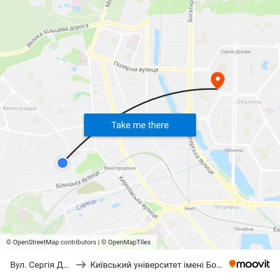 Вул. Сергія Данченка to Київський університет імені Бориса Грінченка map