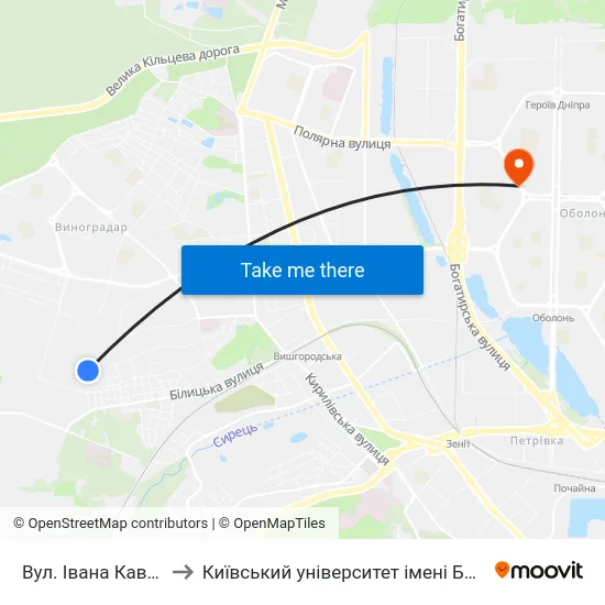 Вул. Івана Кавалерідзе to Київський університет імені Бориса Грінченка map