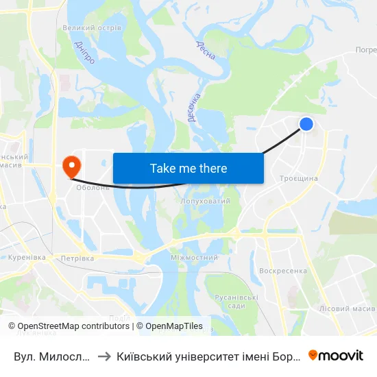 Вул. Милославська to Київський університет імені Бориса Грінченка map