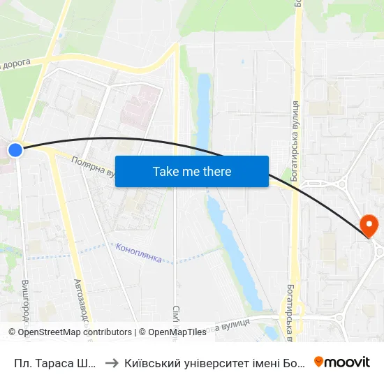 Пл. Тараса Шевченка to Київський університет імені Бориса Грінченка map