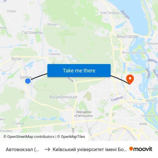 Автовокзал (М. Ірпінь) to Київський університет імені Бориса Грінченка map