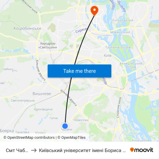 Смт Чабани to Київський університет імені Бориса Грінченка map