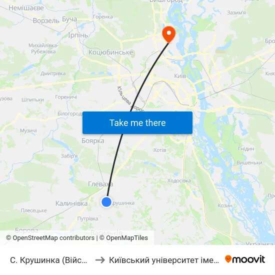 С. Крушинка (Військова Частина) to Київський університет імені Бориса Грінченка map