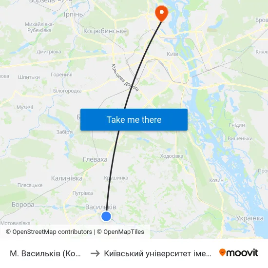 М. Васильків (Комісарова Гора) to Київський університет імені Бориса Грінченка map