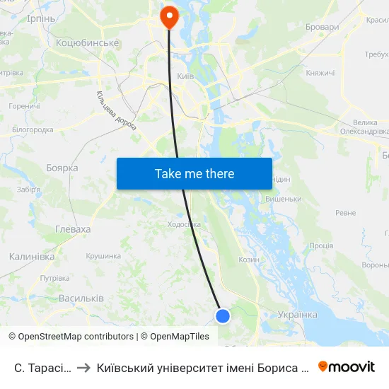 С. Тарасівка to Київський університет імені Бориса Грінченка map