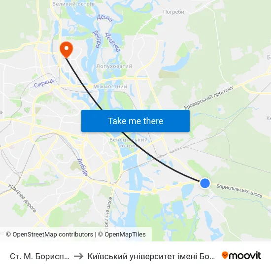 Ст. М. Бориспільська to Київський університет імені Бориса Грінченка map