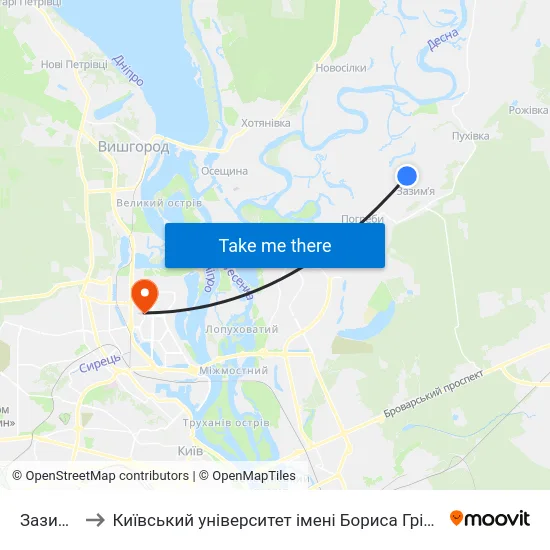 Зазим'Я to Київський університет імені Бориса Грінченка map